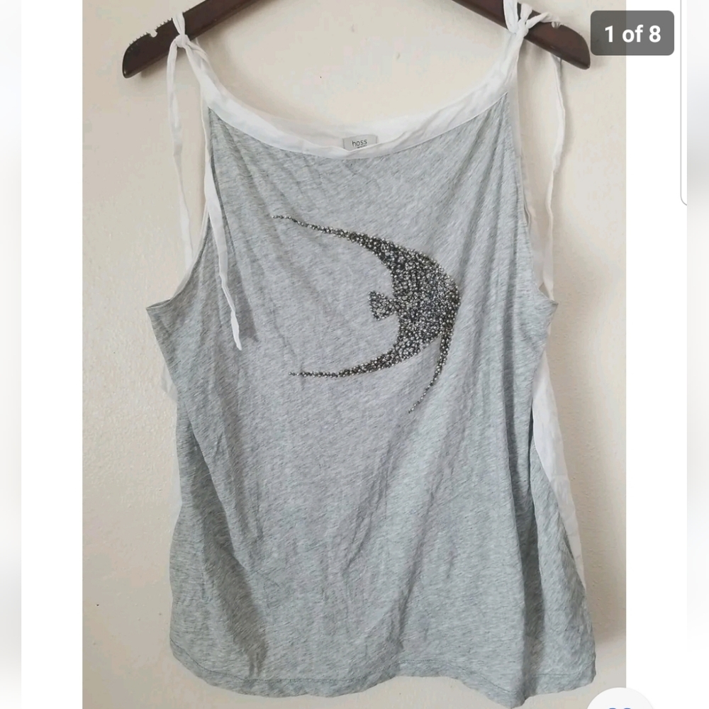 hoss Intropia Women's Gray White Contrast Beaded Fish Sleeveless Tie Strap Top M